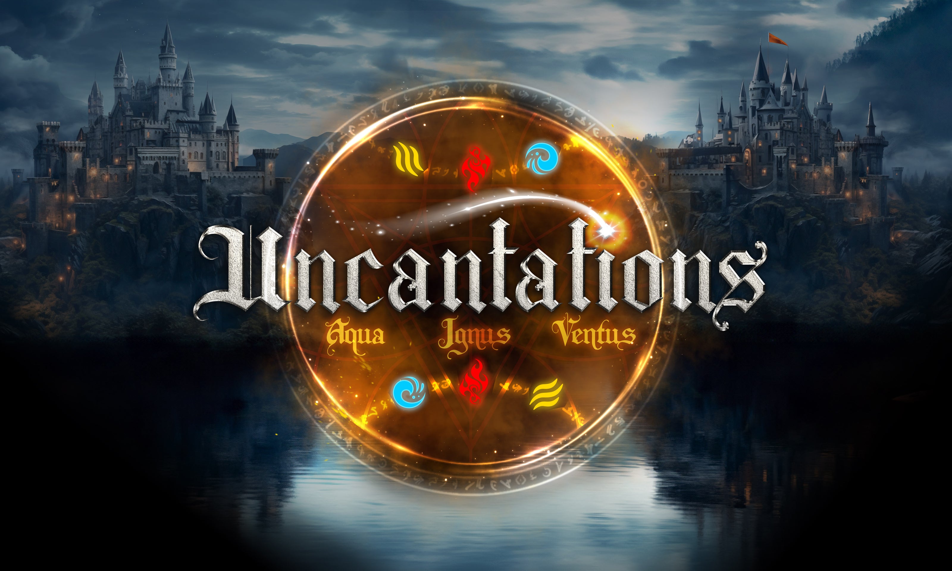 A pair of opposed castles flank either side of a golden sigil logo, which reads: Uncantations: Aqua, Ignus, Ventus. Above and below the title are sets of magical symbols for water, fire, and air.